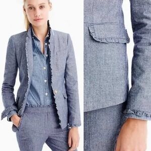 J CREW Regent Blazer Blue Chambray Ruffle Trim Blazer Preppy 100% Cotton Size 0